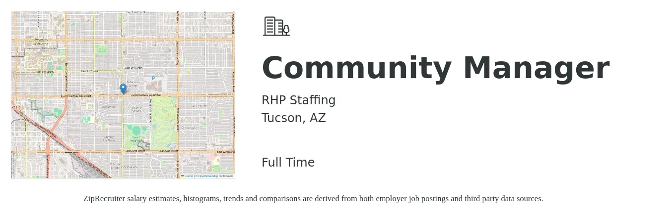 RHP Staffing job posting for a Community Manager in Tucson, AZ with a salary of $42,100 to $60,000 Yearly with a map of Tucson location.