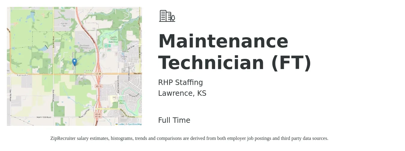 RHP Staffing job posting for a Maintenance Technician (FT) in Lawrence, KS with a salary of $18 to $24 Hourly with a map of Lawrence location.