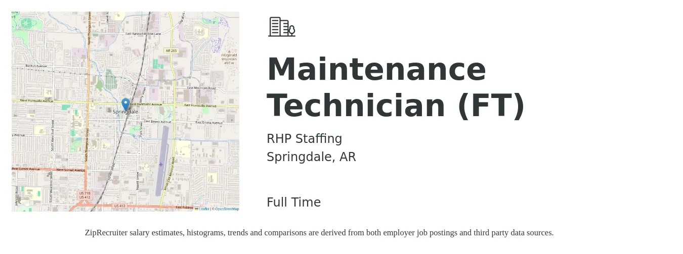 RHP Staffing job posting for a Maintenance Technician (FT) in Springdale, AR with a salary of $17 to $24 Hourly with a map of Springdale location.