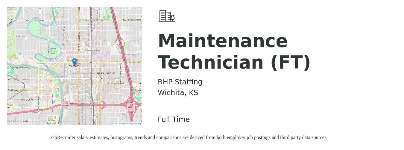 RHP Staffing job posting for a Maintenance Technician (FT) in Wichita, KS with a salary of $17 to $24 Hourly with a map of Wichita location.