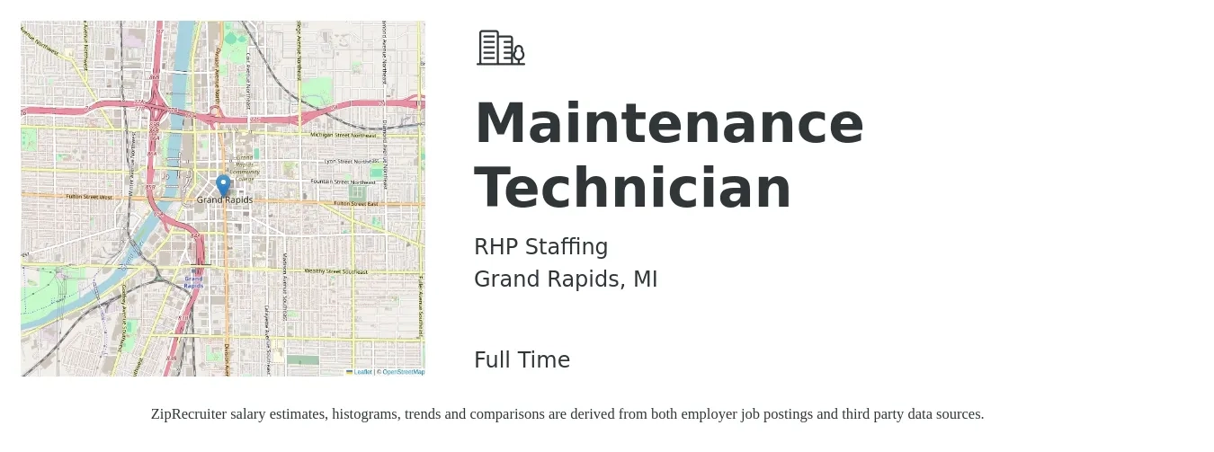 RHP Staffing job posting for a Maintenance Technician in Grand Rapids, MI with a salary of $18 to $26 Hourly with a map of Grand Rapids location.