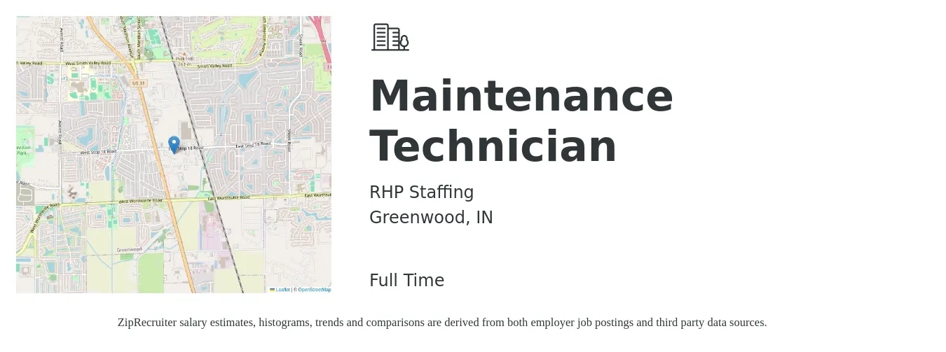 RHP Staffing job posting for a Maintenance Technician in Greenwood, IN with a salary of $18 to $26 Hourly with a map of Greenwood location.