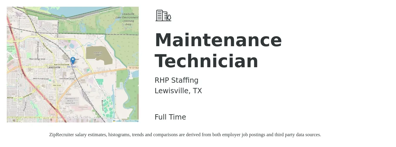 RHP Staffing job posting for a Maintenance Technician in Lewisville, TX with a salary of $18 to $25 Hourly with a map of Lewisville location.