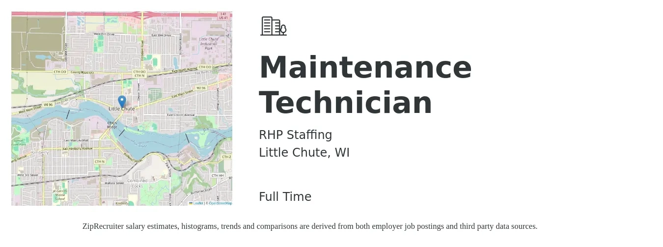 RHP Staffing job posting for a Maintenance Technician in Little Chute, WI with a salary of $19 to $26 Hourly with a map of Little Chute location.