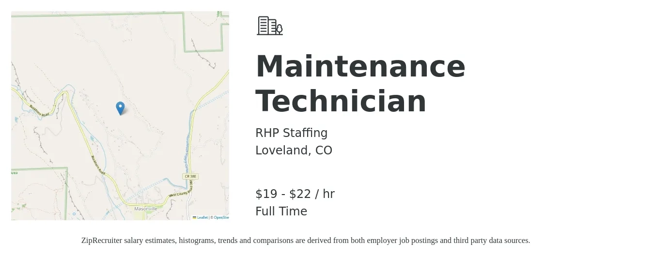 RHP Staffing job posting for a Maintenance Technician in Loveland, CO with a salary of $20 to $23 Hourly with a map of Loveland location.