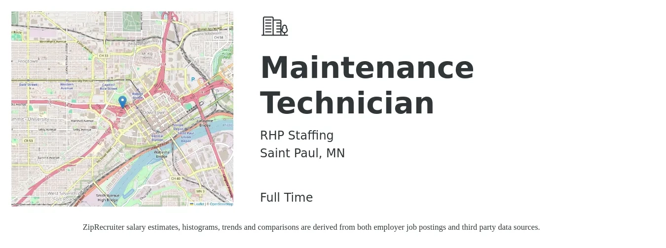 RHP Staffing job posting for a Maintenance Technician in Saint Paul, MN with a salary of $20 to $28 Hourly with a map of Saint Paul location.