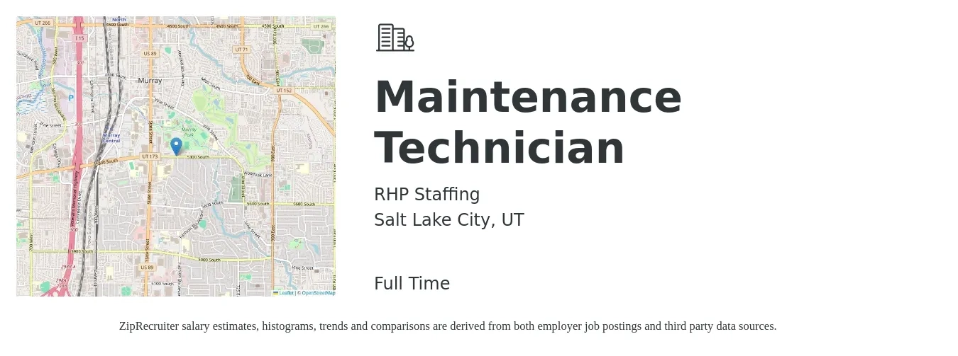 RHP Staffing job posting for a Maintenance Technician in Salt Lake City, UT with a salary of $18 to $26 Hourly with a map of Salt Lake City location.