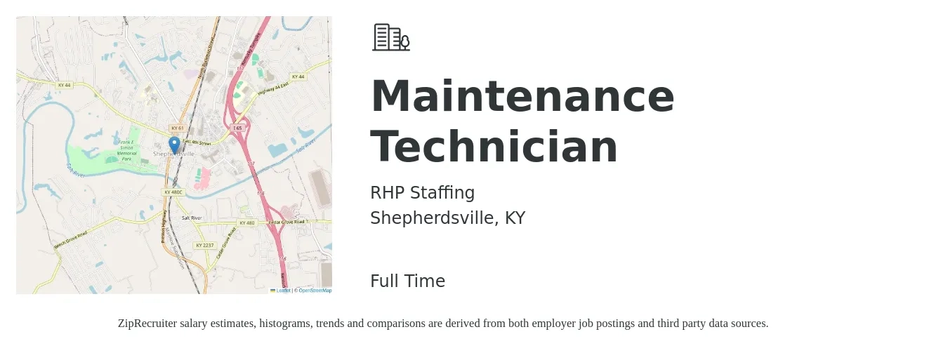 RHP Staffing job posting for a Maintenance Technician in Shepherdsville, KY with a salary of $18 to $25 Hourly with a map of Shepherdsville location.
