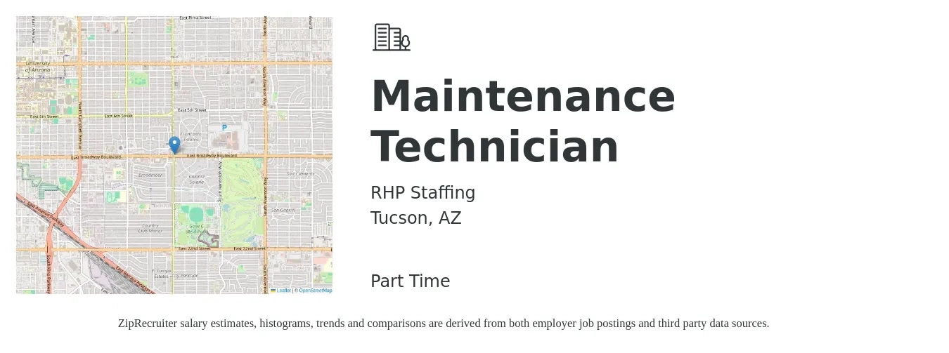RHP Staffing job posting for a Maintenance Technician in Tucson, AZ with a salary of $17 to $24 Hourly with a map of Tucson location.