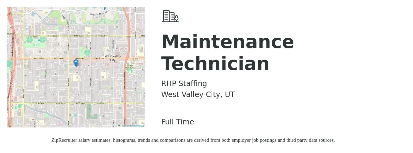 RHP Staffing job posting for a Maintenance Technician in West Valley City, UT with a salary of $18 to $26 Hourly with a map of West Valley City location.
