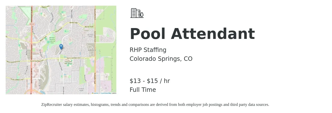 RHP Staffing job posting for a Pool Attendant in Colorado Springs, CO with a salary of $15 to $16 Hourly with a map of Colorado Springs location.