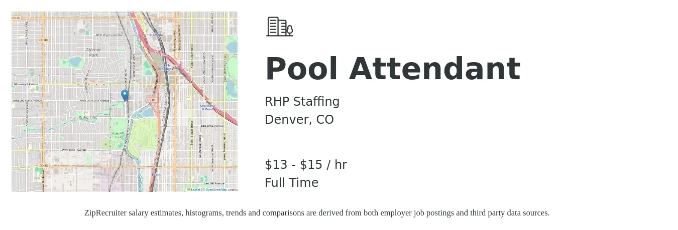 RHP Staffing job posting for a Pool Attendant in Denver, CO with a salary of $14 to $16 Hourly with a map of Denver location.