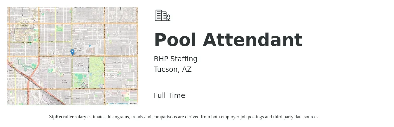 RHP Staffing job posting for a Pool Attendant in Tucson, AZ with a salary of $11 to $14 Hourly with a map of Tucson location.