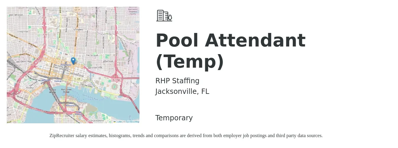 RHP Staffing job posting for a Pool Attendant (Temp) in Jacksonville, FL with a salary of $12 to $16 Hourly with a map of Jacksonville location.