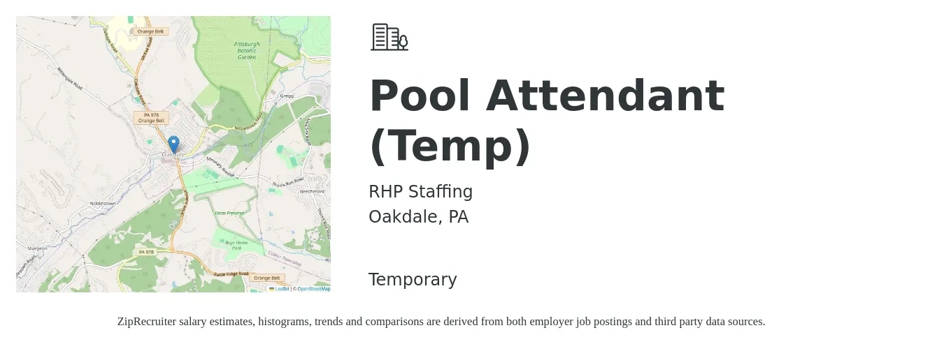 RHP Staffing job posting for a Pool Attendant (Temp) in Oakdale, PA with a salary of $13 to $16 Hourly with a map of Oakdale location.