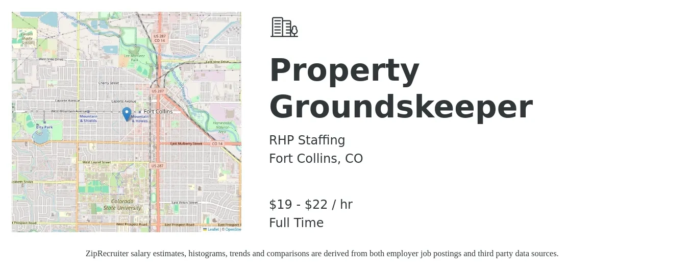 RHP Staffing job posting for a Property Groundskeeper in Fort Collins, CO with a salary of $20 to $23 Hourly with a map of Fort Collins location.