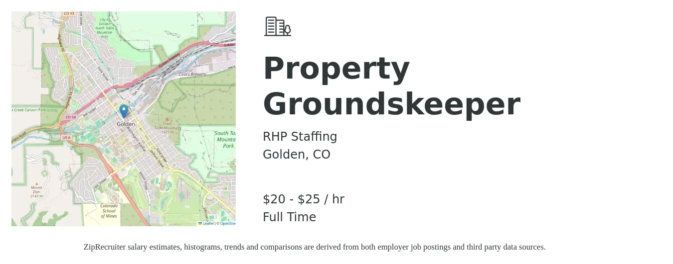 RHP Staffing job posting for a Property Groundskeeper in Golden, CO with a salary of $21 to $27 Hourly with a map of Golden location.