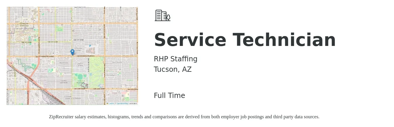 RHP Staffing job posting for a Service Technician in Tucson, AZ with a salary of $18 to $25 Hourly with a map of Tucson location.