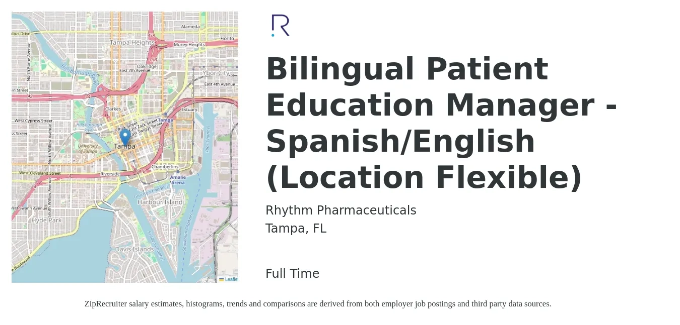 Rhythm Pharmaceuticals job posting for a Bilingual Patient Education Manager - Spanish/English (Location Flexible) in Tampa, FL with a salary of $16 to $20 Hourly with a map of Tampa location.