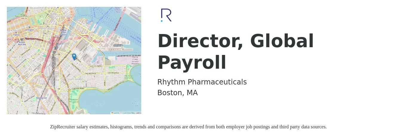 Rhythm Pharmaceuticals job posting for a Director, Global Payroll in Boston, MA with a salary of $104,600 to $147,100 Yearly with a map of Boston location.