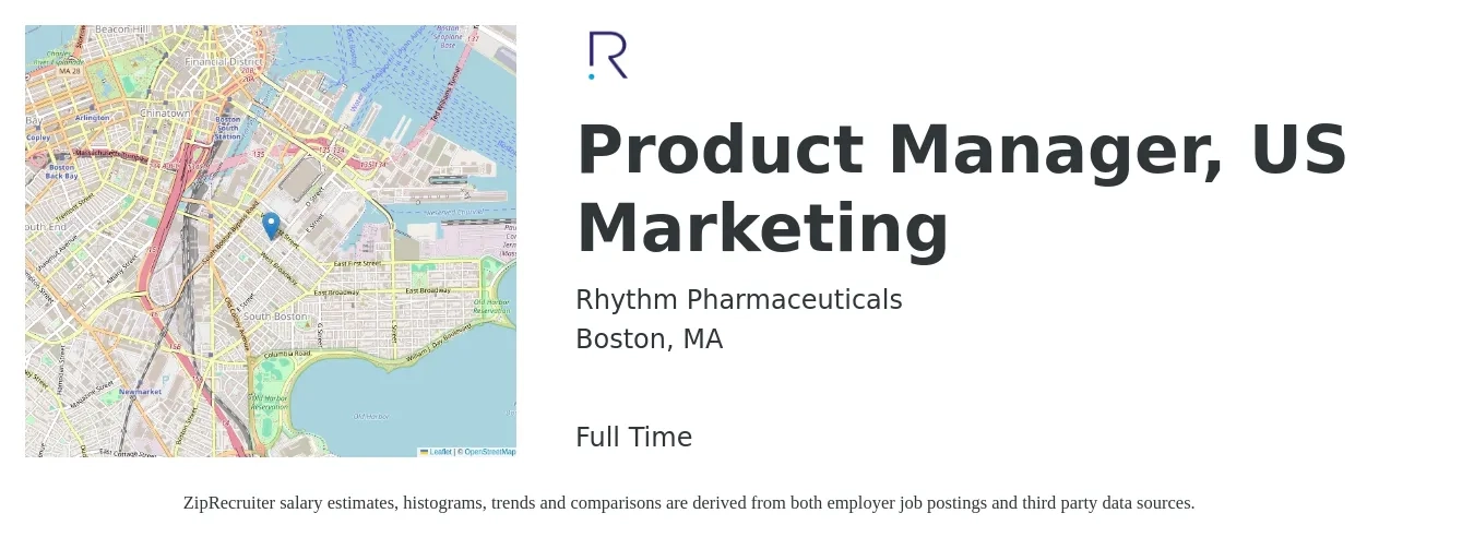 Rhythm Pharmaceuticals job posting for a Product Manager, US Marketing in Boston, MA with a salary of $167,800 Yearly with a map of Boston location.