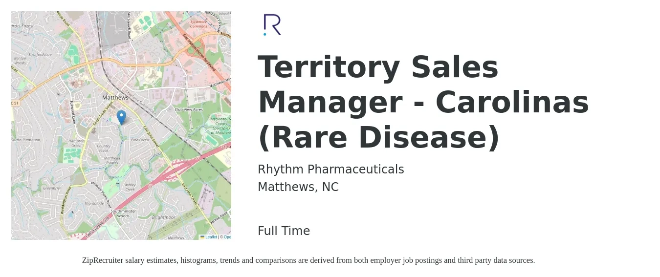 Rhythm Pharmaceuticals job posting for a Territory Sales Manager - Carolinas (Rare Disease) in Matthews, NC with a salary of $60,600 to $93,000 Yearly with a map of Matthews location.
