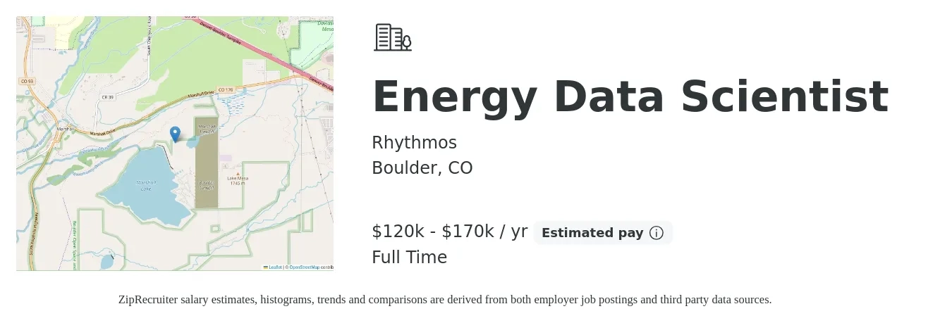 Rhythmos job posting for a Energy Data Scientist in Boulder, CO with a salary of $120,000 to $170,000 Yearly with a map of Boulder location.