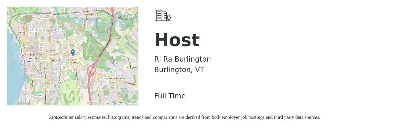Ri Ra Burlington job posting for a Host in Burlington, VT with a salary of $12 to $16 Hourly with a map of Burlington location.