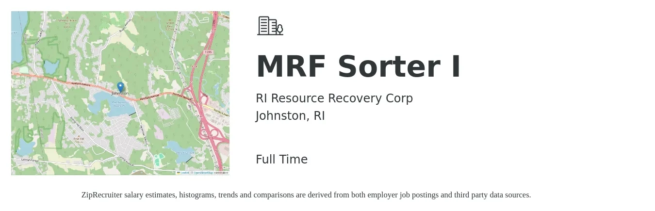 RI Resource Recovery Corp job posting for a MRF Sorter I in Johnston, RI with a salary of $14 to $17 Hourly with a map of Johnston location.