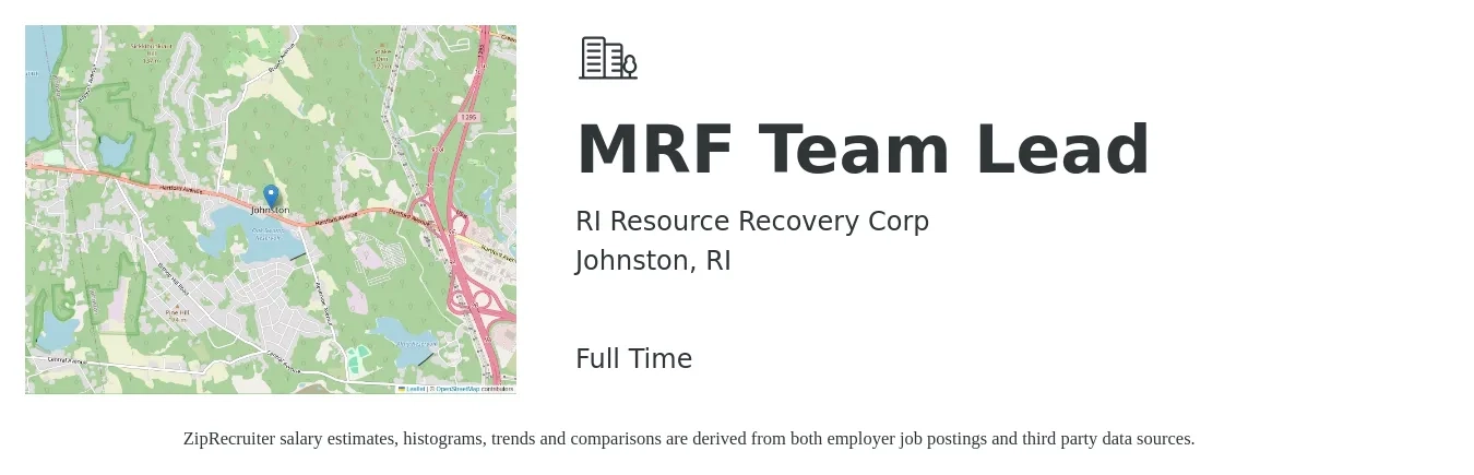 RI Resource Recovery Corp job posting for a MRF Team Lead in Johnston, RI with a salary of $16 to $25 Hourly with a map of Johnston location.