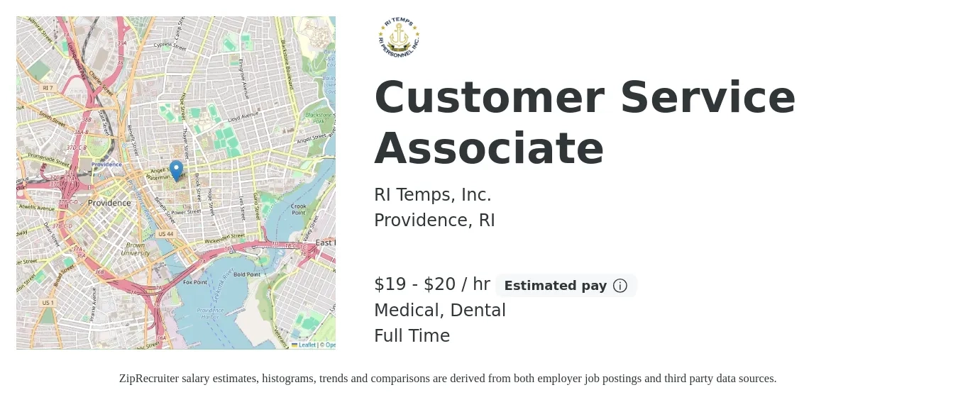 RI Temps, Inc. job posting for a Customer Service Associate in Providence, RI with a salary of $20 to $21 Hourly and benefits including dental, and medical with a map of Providence location.