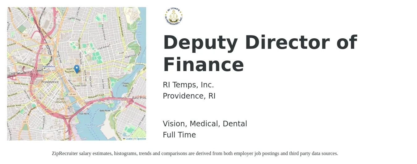 RI Temps, Inc. job posting for a Deputy Director of Finance in Providence, RI with a salary of $65,000 to $80,000 Yearly and benefits including retirement, vision, dental, and medical with a map of Providence location.