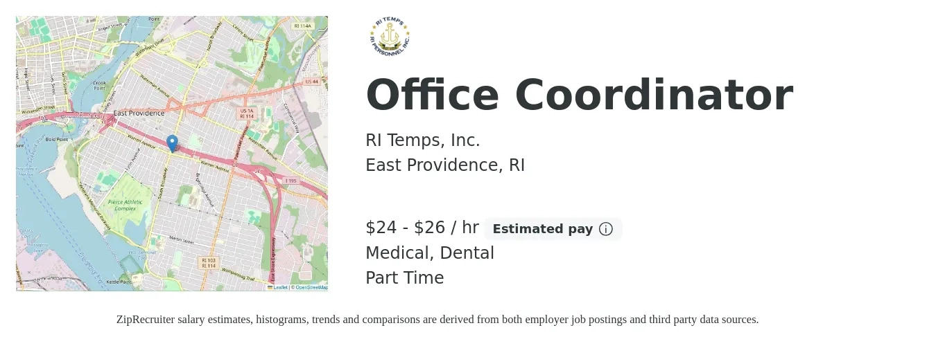 RI Temps, Inc. job posting for a Office Coordinator in East Providence, RI with a salary of $25 to $28 Hourly and benefits including dental, and medical with a map of East Providence location.
