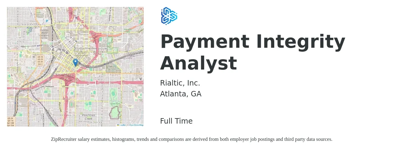 Rialtic, Inc. job posting for a Payment Integrity Analyst in Atlanta, GA with a salary of $26 to $38 Hourly with a map of Atlanta location.