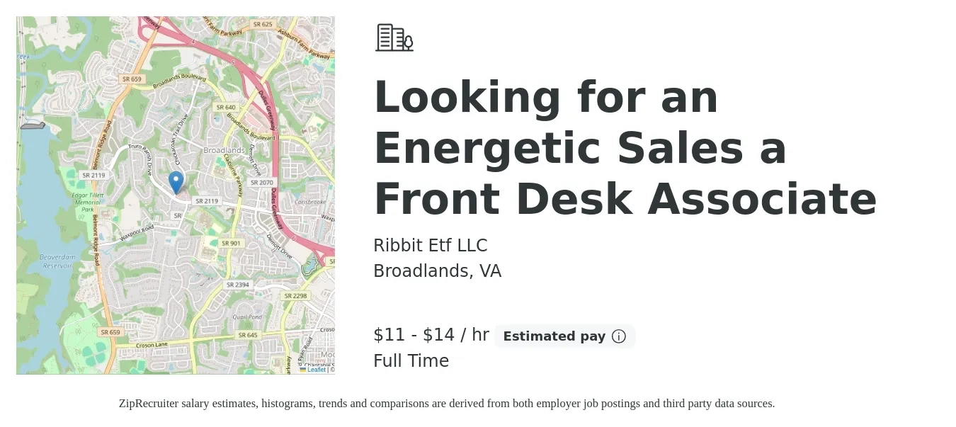 Ribbit Etf LLC job posting for a Looking for an Energetic Sales a Front Desk Associate in Broadlands, VA with a salary of $12 to $15 Hourly (plus commission) with a map of Broadlands location.