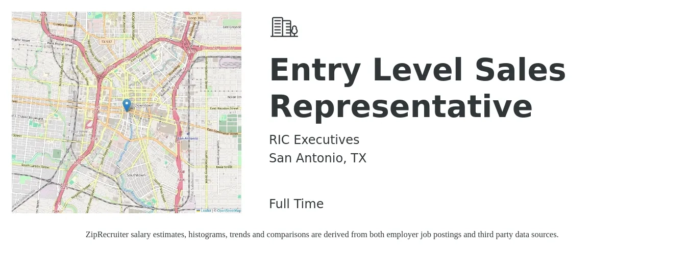 RIC Executives job posting for a Entry Level Sales Representative in San Antonio, TX with a salary of $800 to $1,500 Weekly with a map of San Antonio location.