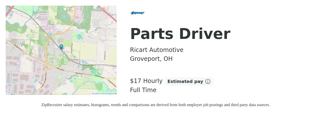 Ricart Automotive job posting for a Parts Driver in Groveport, OH with a salary of $18 Hourly with a map of Groveport location.