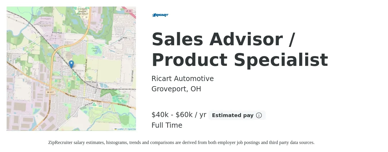Ricart Automotive job posting for a Sales Advisor / Product Specialist in Groveport, OH with a salary of $40,000 to $60,000 Yearly with a map of Groveport location.