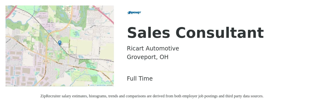 Ricart Automotive job posting for a Sales Consultant in Groveport, OH with a salary of $38,400 to $75,400 Yearly with a map of Groveport location.