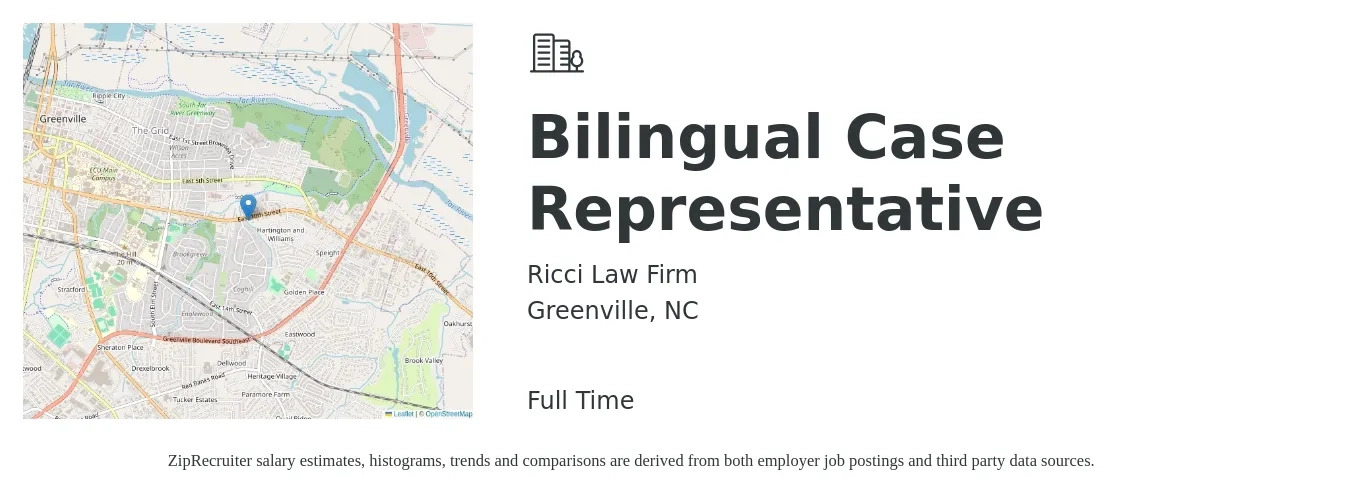 Ricci Law Firm job posting for a Bilingual Case Representative in Greenville, NC with a salary of $20 to $26 Hourly with a map of Greenville location.