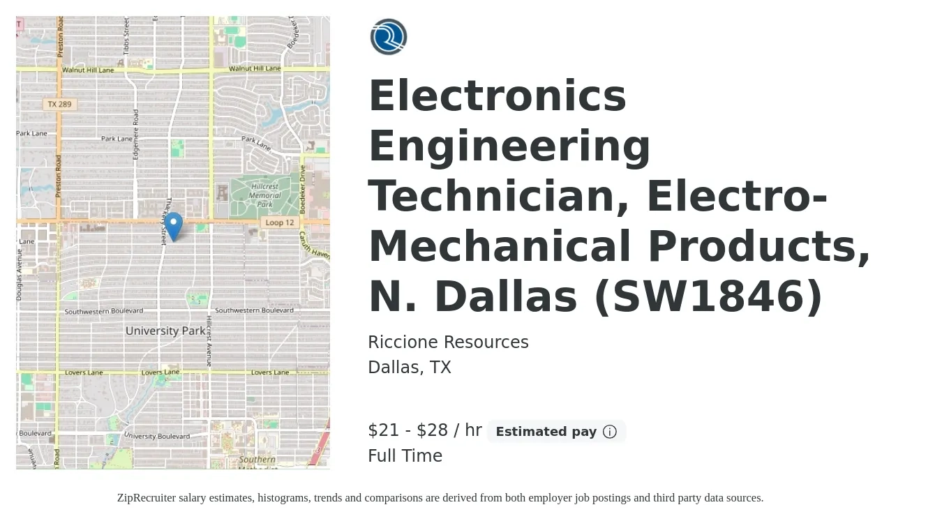 Riccione Resources job posting for a Electronics Engineering Technician, Electro-Mechanical Products, N. Dallas (SW1846) in Dallas, TX with a salary of $22 to $30 Hourly with a map of Dallas location.