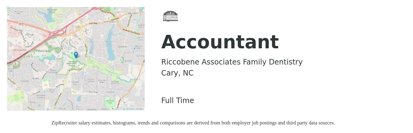 Riccobene Associates Family Dentistry job posting for a Accountant in Cary, NC with a salary of $49,600 to $72,700 Yearly with a map of Cary location.