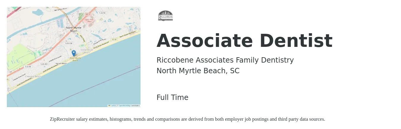 Riccobene Associates Family Dentistry job posting for a Associate Dentist in North Myrtle Beach, SC with a salary of $36,200 to $183,300 Yearly with a map of North Myrtle Beach location.