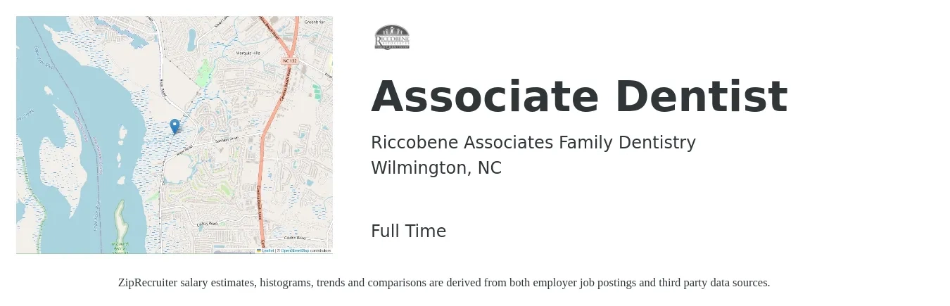 Riccobene Associates Family Dentistry job posting for a Associate Dentist in Wilmington, NC with a salary of $39,100 to $198,000 Yearly with a map of Wilmington location.