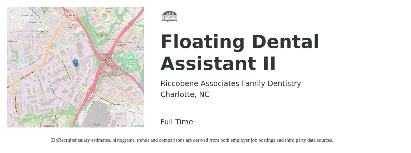 Riccobene Associates Family Dentistry job posting for a Floating Dental Assistant II in Charlotte, NC with a salary of $18 to $23 Hourly with a map of Charlotte location.