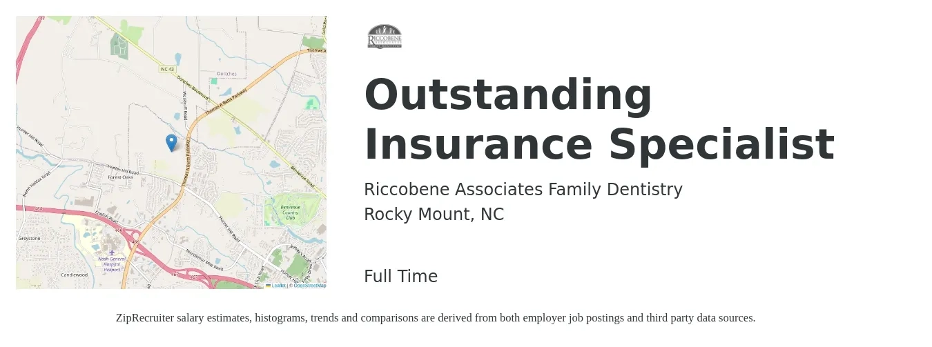 Riccobene Associates Family Dentistry job posting for a Outstanding Insurance Specialist in Rocky Mount, NC with a salary of $37,100 to $71,300 Yearly with a map of Rocky Mount location.