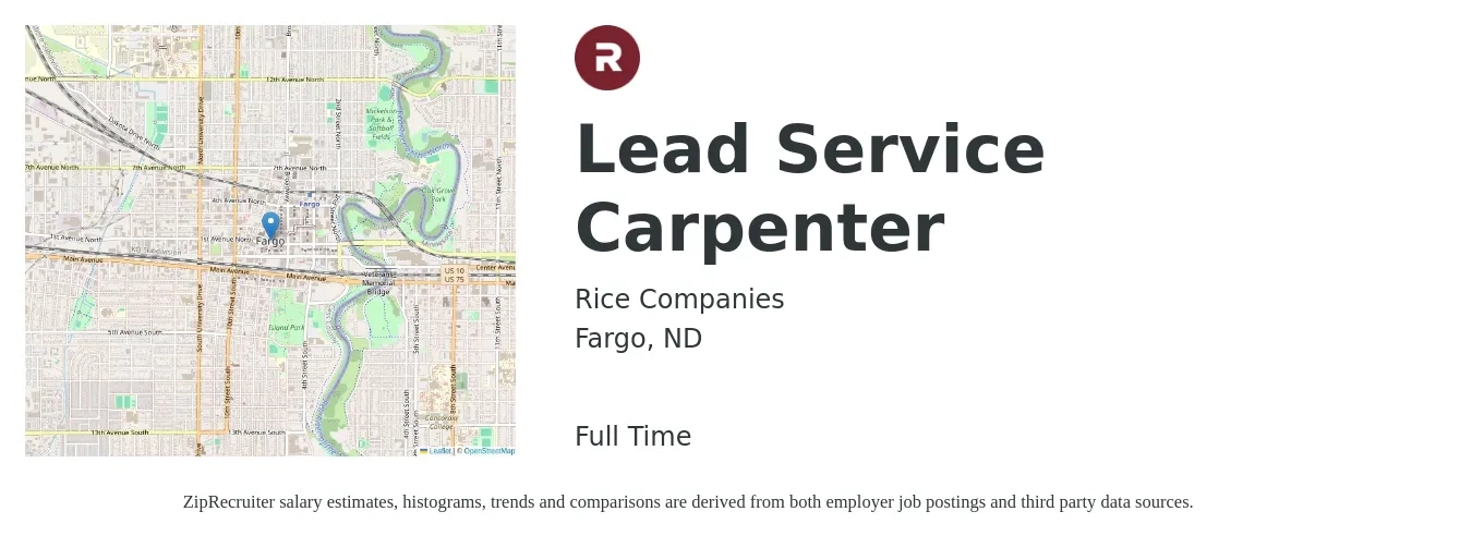 Rice Companies job posting for a Lead Service Carpenter in Fargo, ND with a salary of $21 to $29 Hourly with a map of Fargo location.