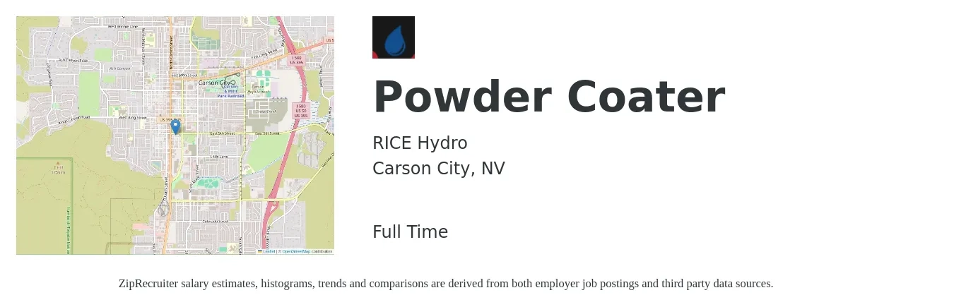 RICE Hydro job posting for a Powder Coater in Carson City, NV with a salary of $17 to $20 Hourly with a map of Carson City location.