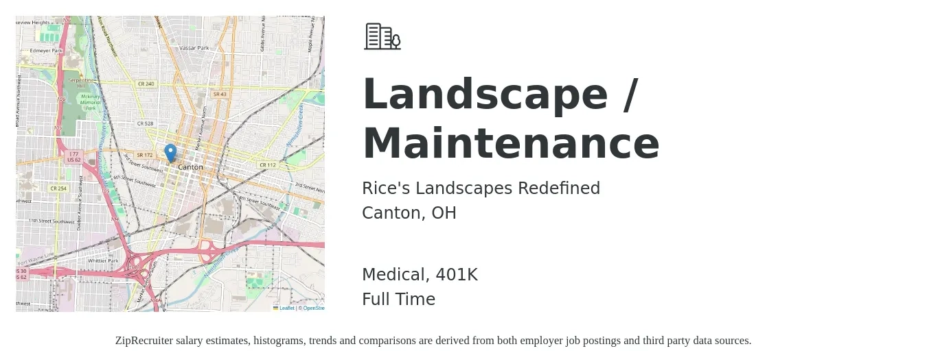 Rice's Landscapes Redefined job posting for a Landscape / Maintenance in Canton, OH with a salary of $14 to $18 Hourly and benefits including 401k, and medical with a map of Canton location.