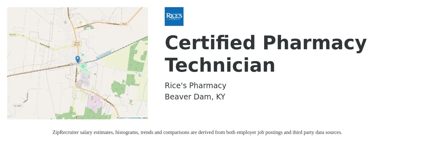 Rice's Pharmacy job posting for a Certified Pharmacy Technician in Beaver Dam, KY with a salary of $18 to $21 Hourly with a map of Beaver Dam location.